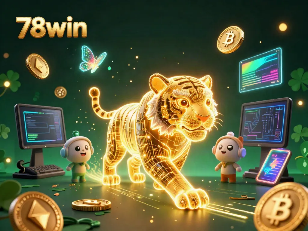 Engage with 78win's vibrant digital casino featuring a neon-wireframe tiger and cryptocurrencies.
