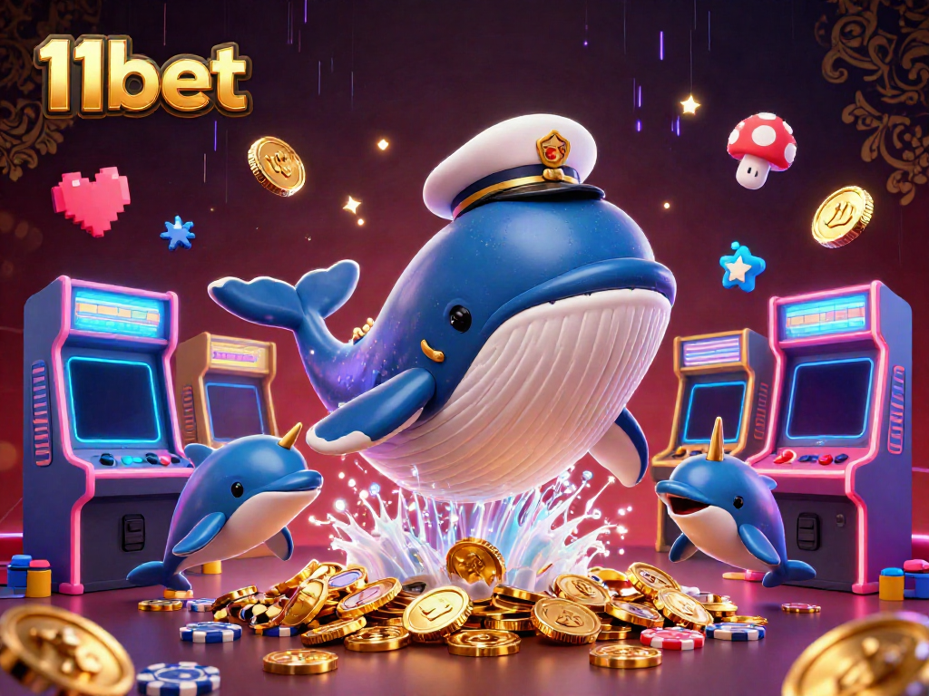 Experience the excitement of 11bet with a giant whale and playful dolphins in a vibrant casino setting.