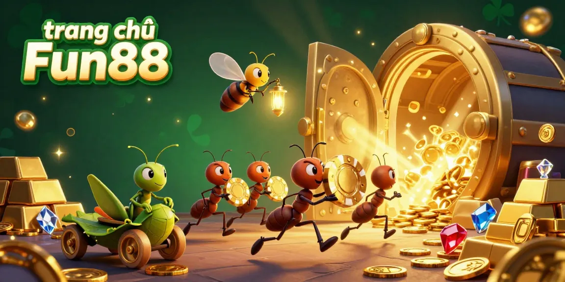 Experience the excitement of the trang chủ Fun88 with a heist scene featuring ants, poker chips, and vibrant treasures.