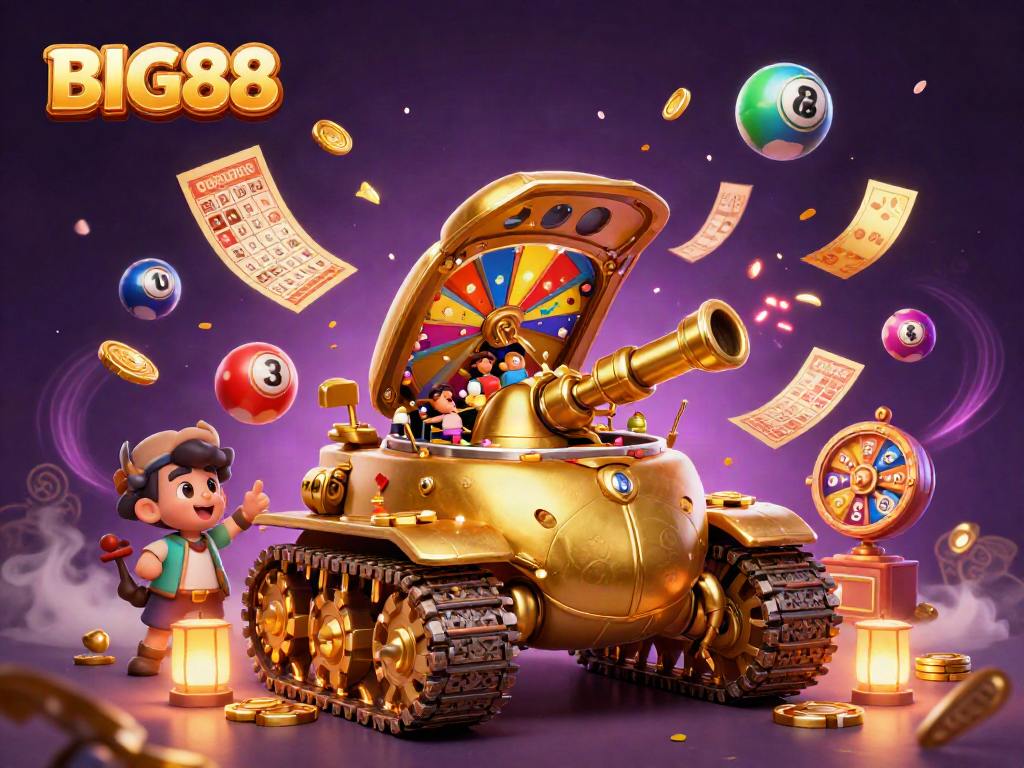 Experience thrilling gameplay at BIG88 with a vibrant casino scene featuring lottery balls and confetti explosions.