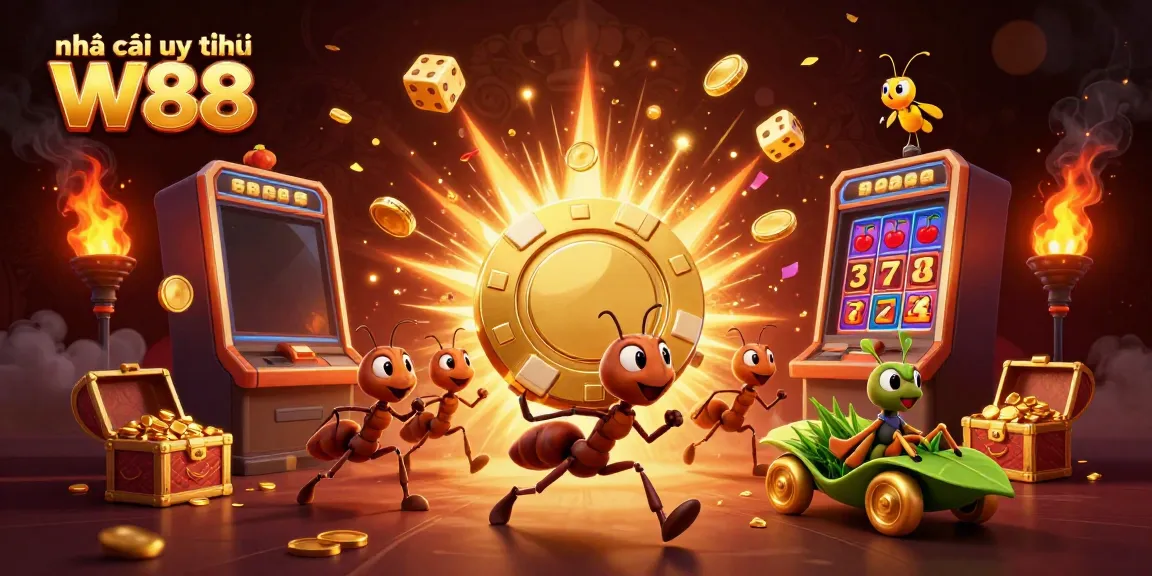Witness the vibrant scene of ants capturing a golden poker chip in this stunning 3D illustration, embodying Nhà cái uy tín W88.