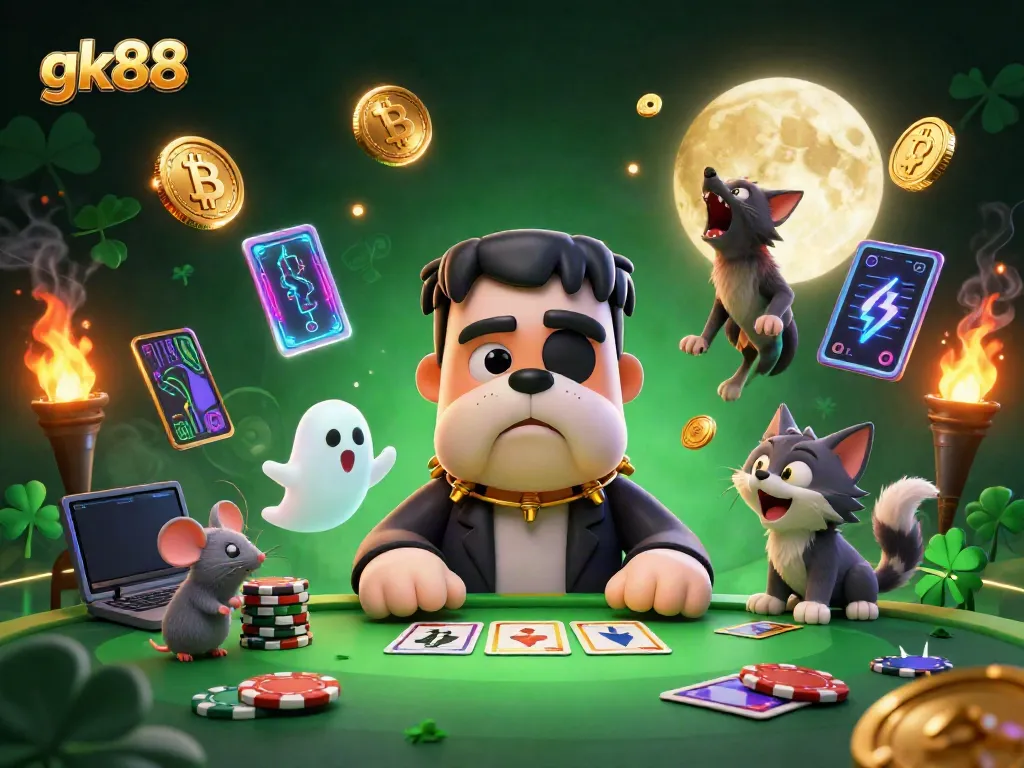 Experience thrilling gaming action at gk88 with a cartoon monster dealer and vibrant casino elements.