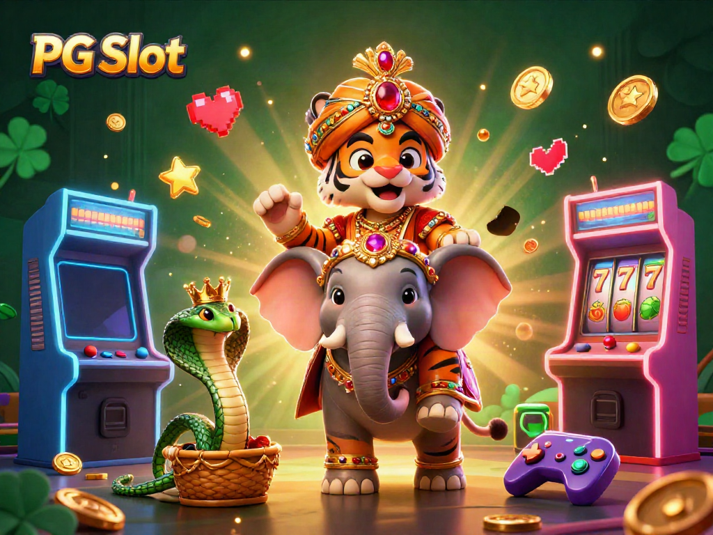 Engage with PG Slot in a vibrant casino scene featuring a majestic maharaja tiger and an elephant.