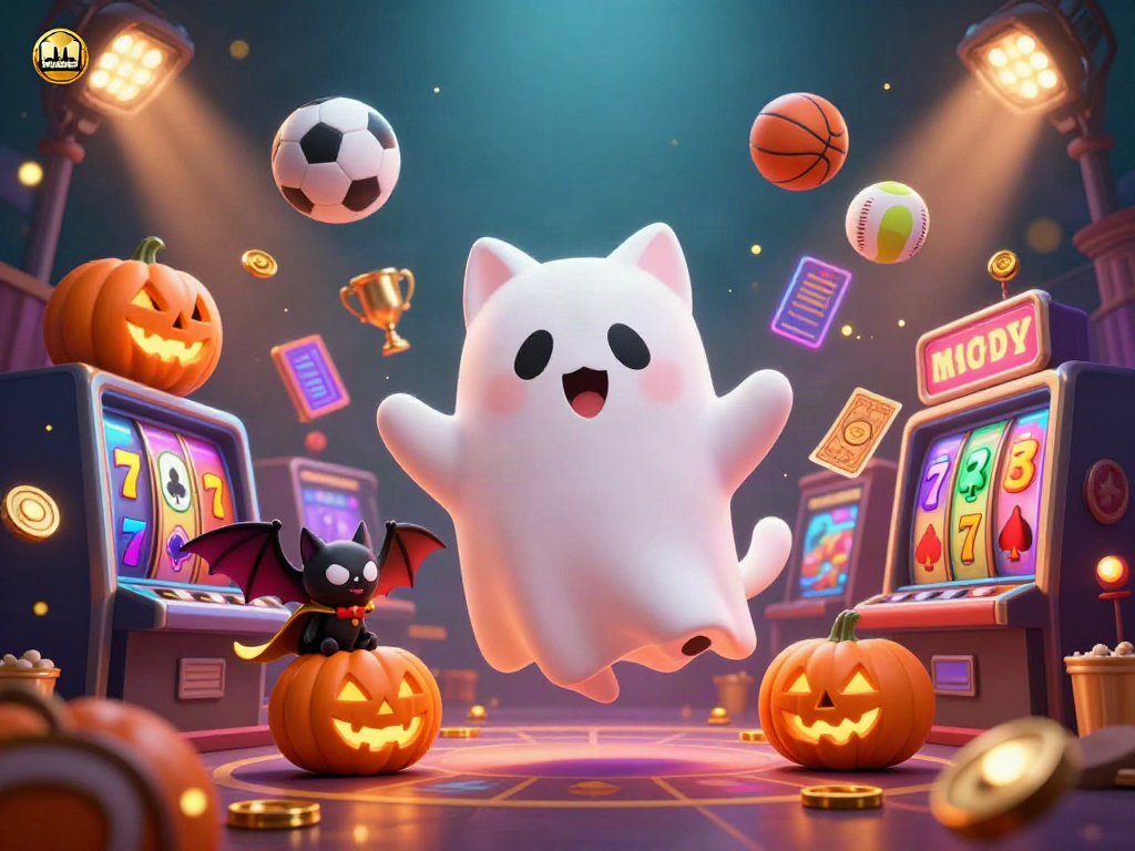 Mubet's haunted casino scene features a friendly ghost cat and vampire bat with lively colors and dynamic casino elements.