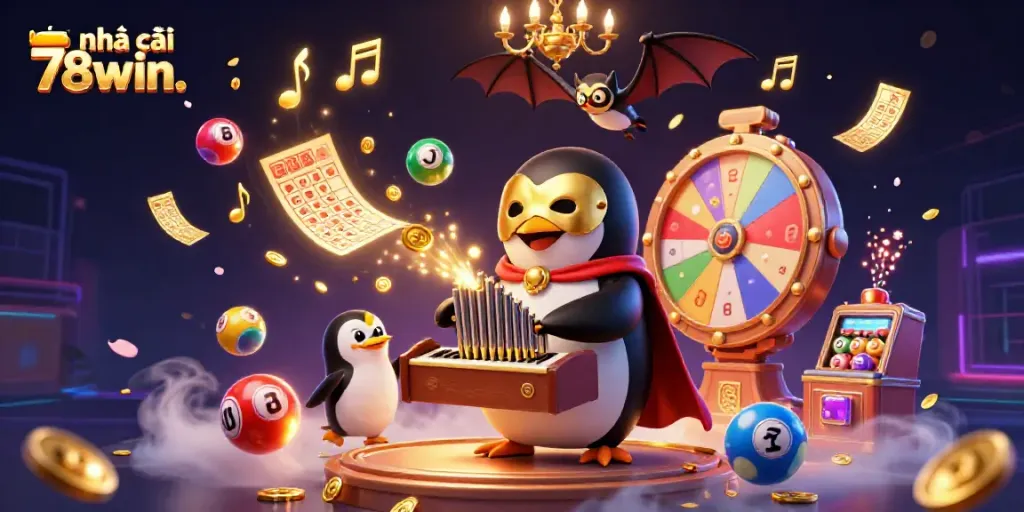 Engage with thrilling action at nhà cái 78win. featuring a 3D cartoon penguin and prizes raining down.