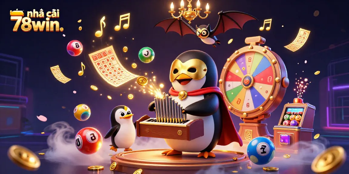 Engage with thrilling action at nhà cái 78win. featuring a 3D cartoon penguin and prizes raining down.