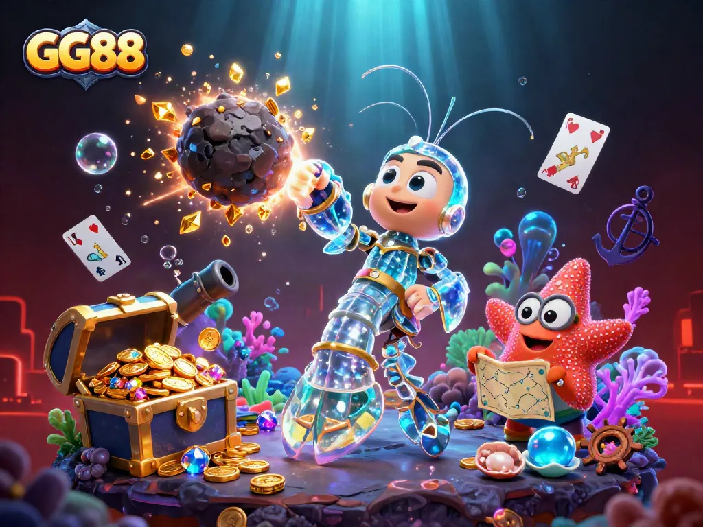 GG88 unleashes an exciting underwater gaming experience with a vibrant 3D scene of characters battling for treasures.