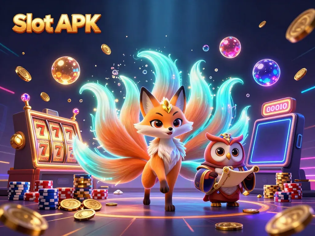 Engage with Slot APK and immerse in colorful 3D casino action featuring vibrant characters and slot elements.