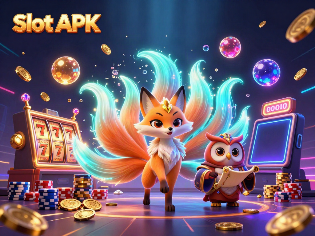 Engage with Slot APK and immerse in colorful 3D casino action featuring vibrant characters and slot elements.