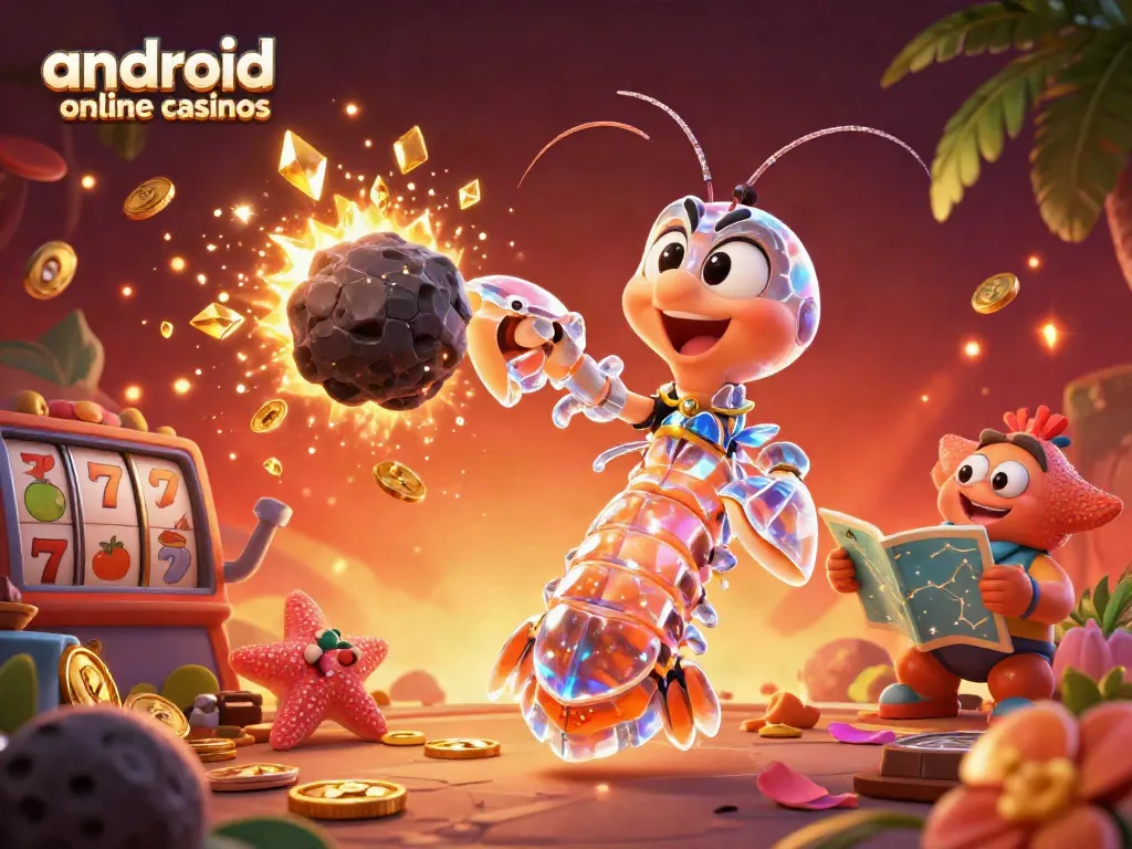 Experience the thrill of android online casinos with a vibrant 3D illustration of a galactic samurai mantis shrimp in action.