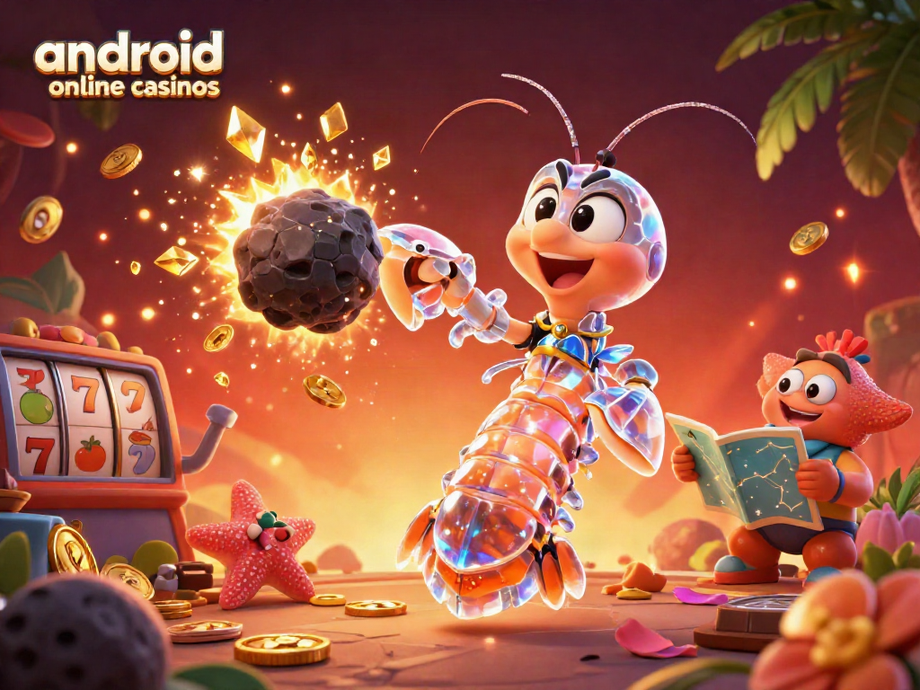 Experience the thrill of android online casinos with a vibrant 3D illustration of a galactic samurai mantis shrimp in action.