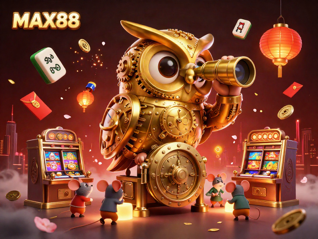 Experience the excitement of MAX88 with vibrant casino elements featuring a golden owl in a rich 3D scene.