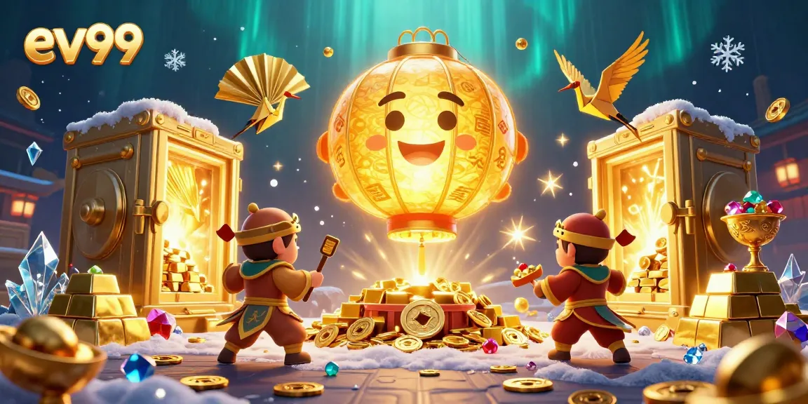 Join the fun at ev99 with a vibrant night market casino scene, illustrated with lucky symbols and treasures.