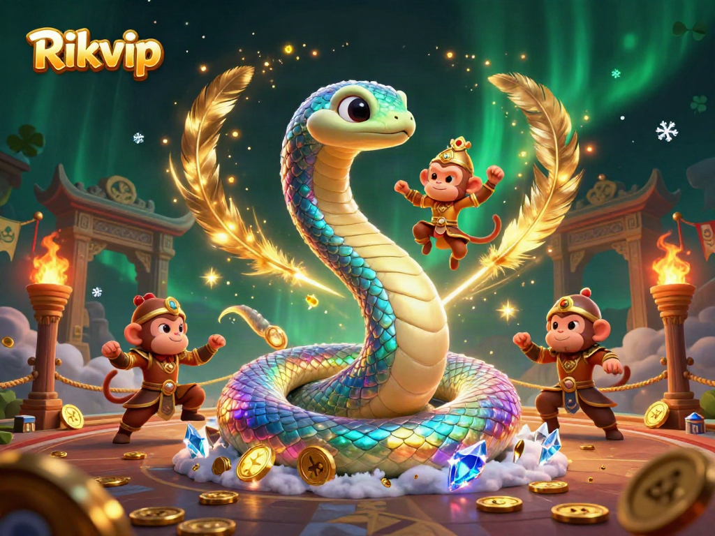 Engage in the vibrant world of Rikvip with a playful monkey king and a rainbow serpent from a dynamic digital casino illustration.