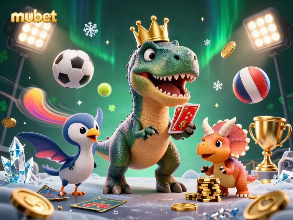 Engage with mubet's exciting 3D casino scene featuring playful characters and dynamic sports elements.