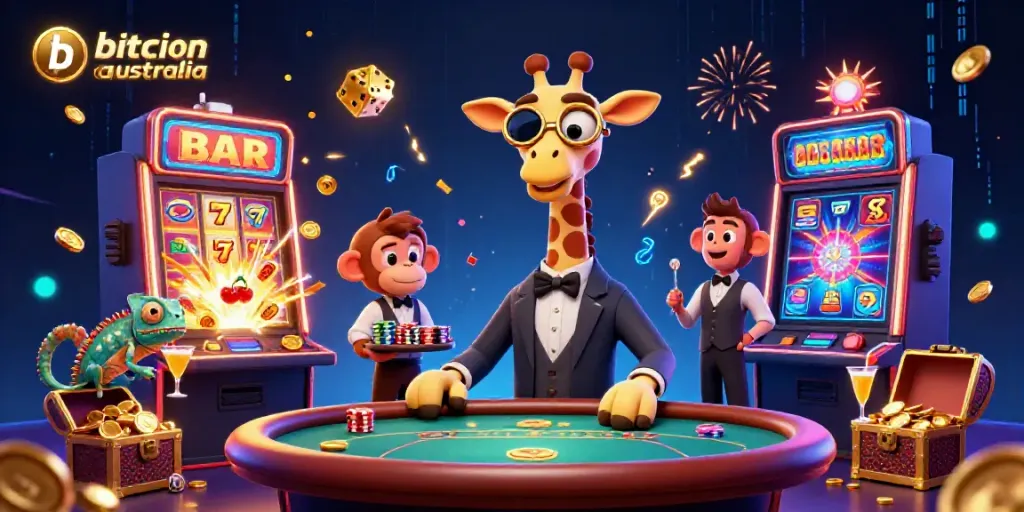 Experience excitement at a bitcoin casino australia with a high-roller giraffe and festive scene.