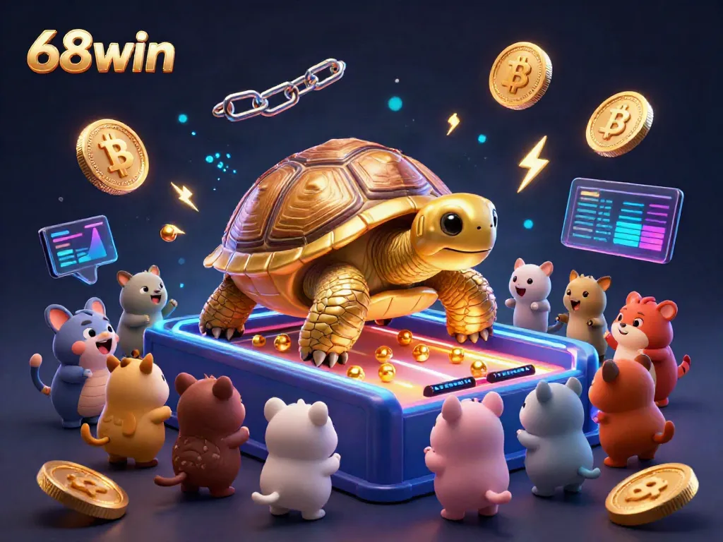 Experience the excitement of 68win with an illustrated golden tortoise pinball machine in a vibrant casino scene.
