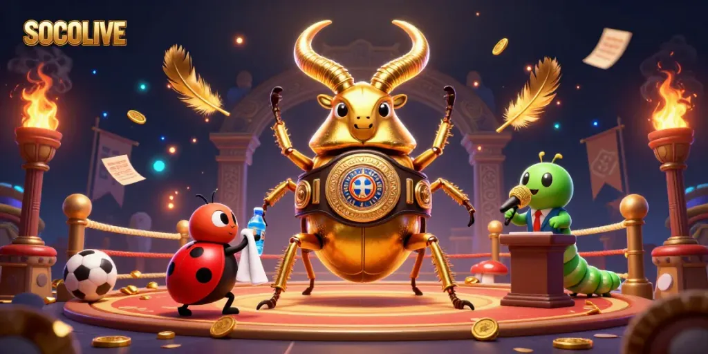 SOCOLIVE sports betting illustration depicting an epic showdown with cartoon creatures in a vibrant arena.